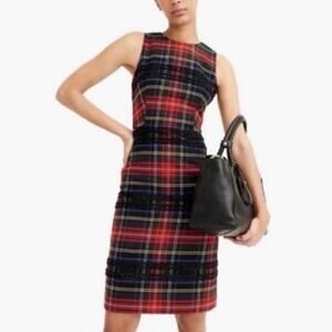 NWT Women’s J Crew Sheath Plaid Holiday Dress Lurex Stewart Tartan Red 2 Tall